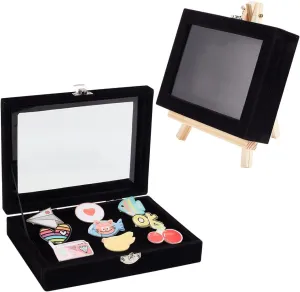 OLYCRAFT Velvet Pin Display Box Cabinet Brooch Collection Display Case with Clear Window Velvet Badges Display Box with Wood Bracket and Iron Clasps for Collectible Pins and Medals - 6x8x2