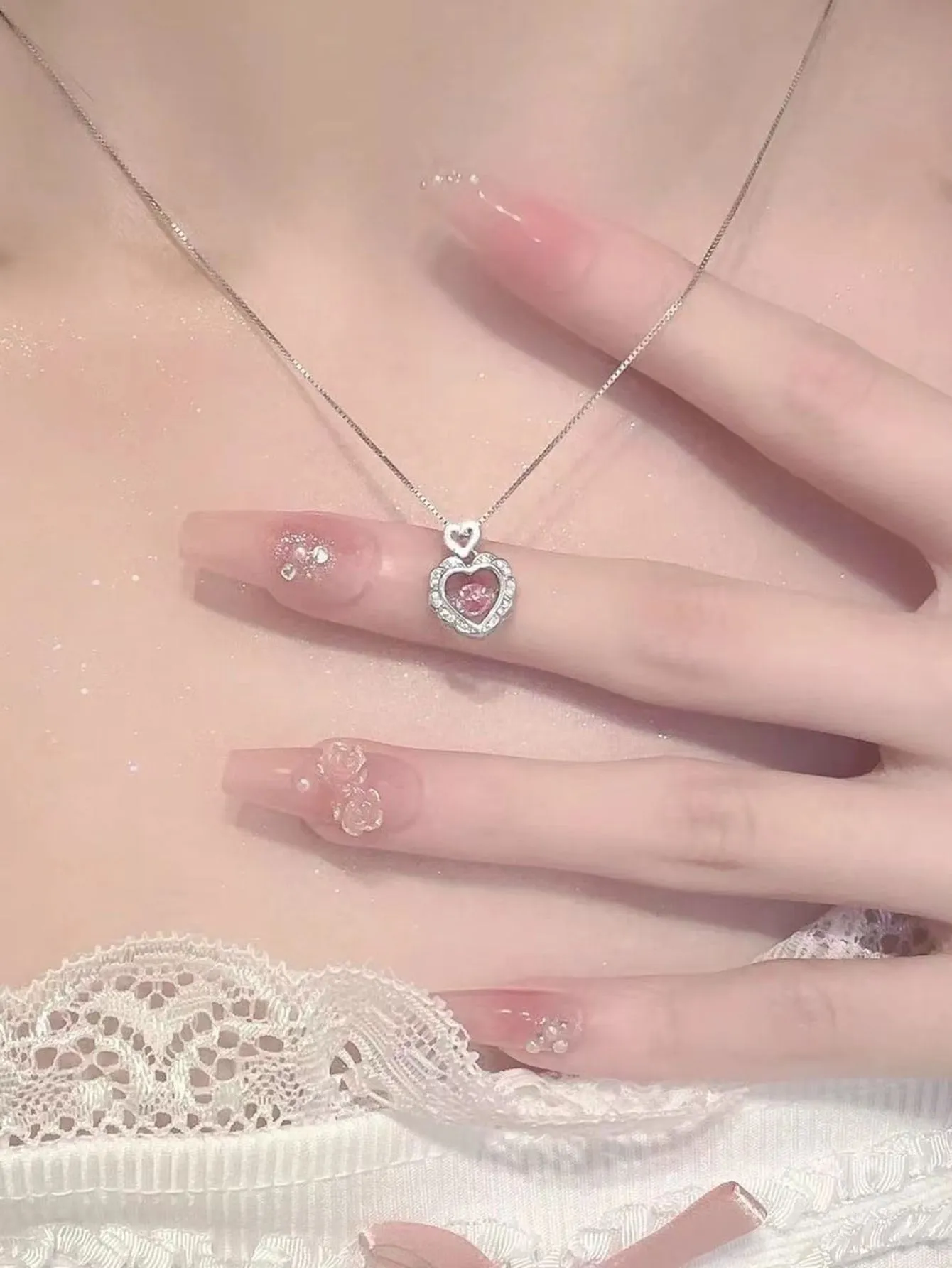 Pink Rhinestone Heart Charm Necklace for Women Jewelry for Women Gift for Her