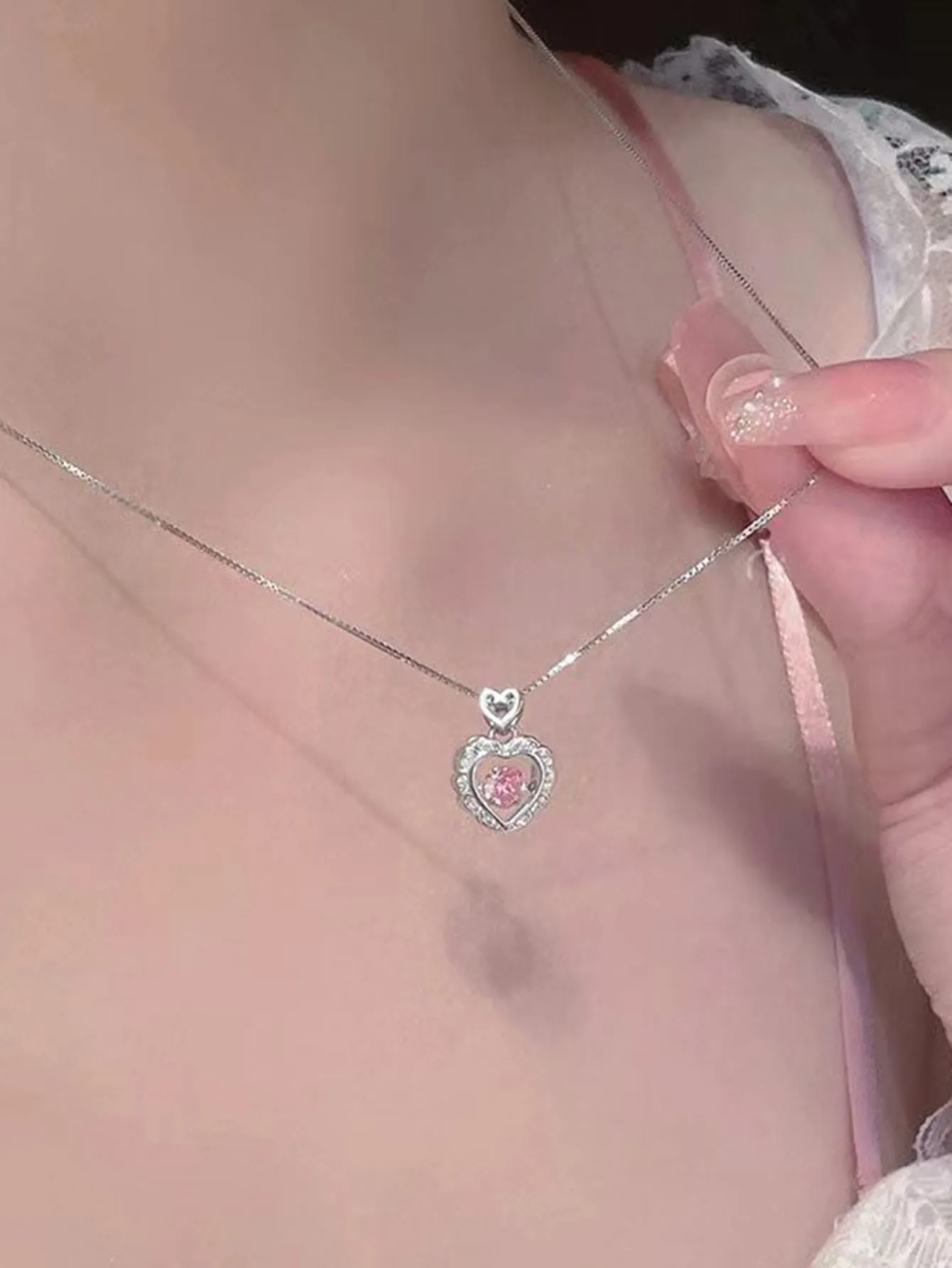 Pink Rhinestone Heart Charm Necklace for Women Jewelry for Women Gift for Her
