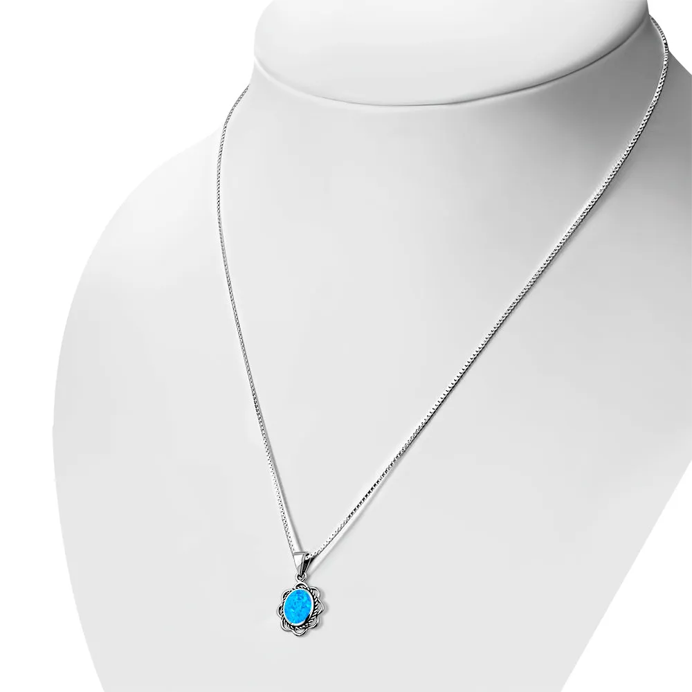 Synthetic Azure Blue Opal Sterling Silver Ethnic Oval Pendant